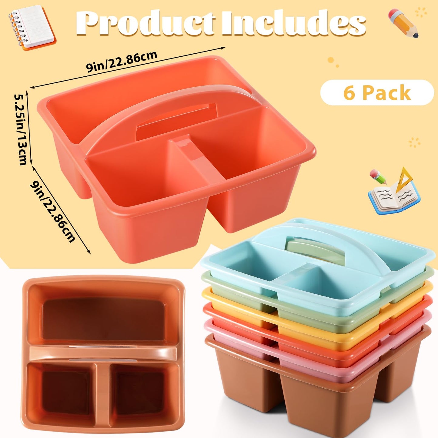 6 Pack 3 Compartment Small Caddy Plastic Classroom Organizer with Handle Portable Teacher Supply Storage Caddy Craft Art Caddies for Pencil, Crayon, Marker, Home, Office, School Supplies(Boho)