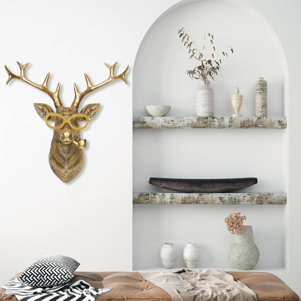 Animal Heads Wall Decor Resin Animals Sculptures Head Wall Hanging Decoration Gold vintage Wall Sculpture for Living Room Bedroom Office(Deer,not include metal frames)
