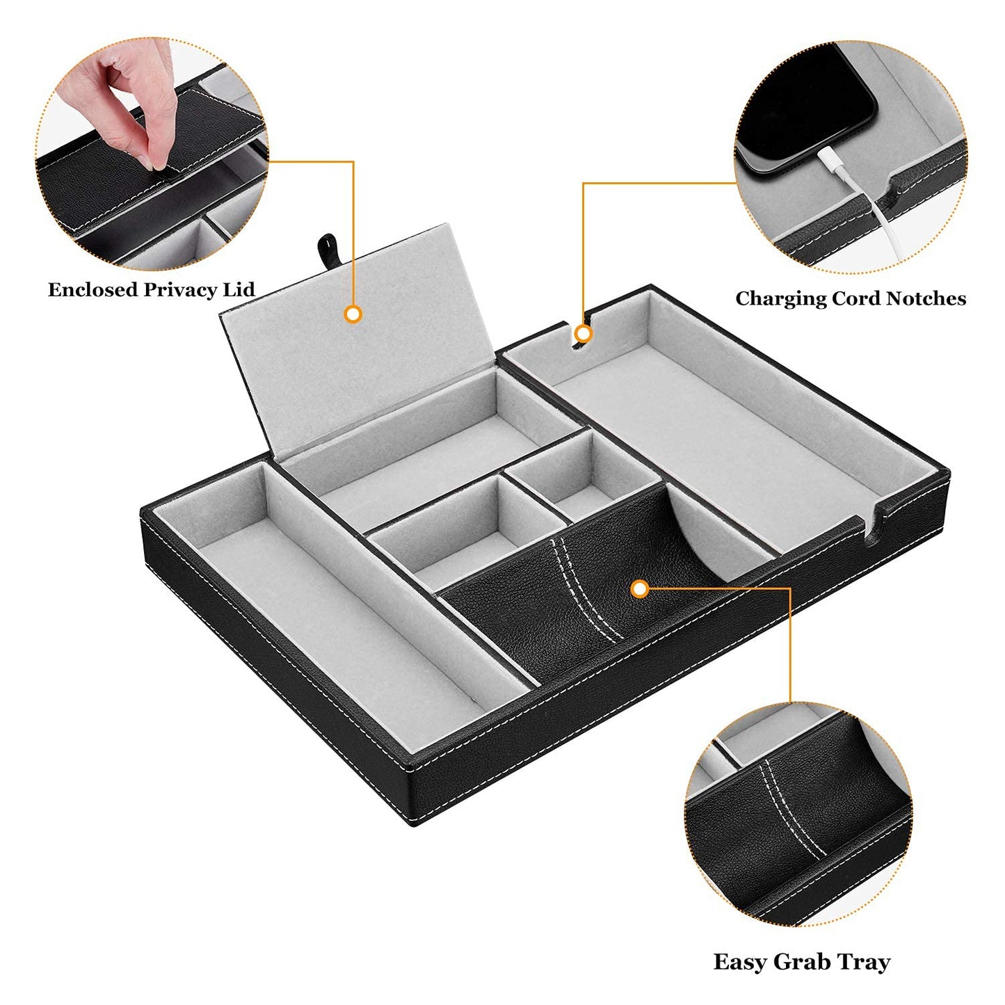Baoyun Nightstand Organizer Tray,Leather Valet Tray for Men,EDC Catchall with Phone Charging Station,Dresser Top Organizer, 6 Compartments Entryway Box for Wallet, Keys, (Black)