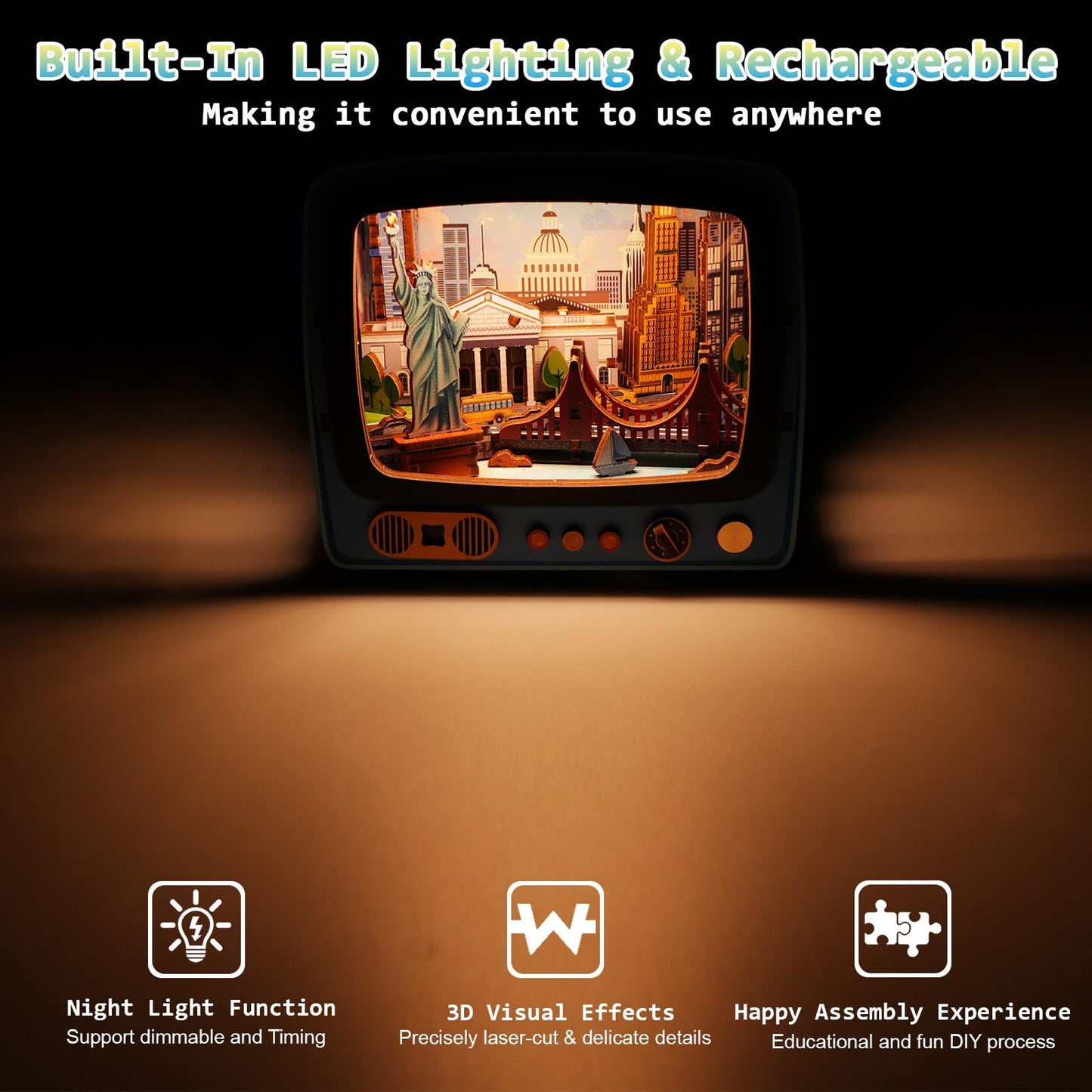 Shuttle to New York 3D Wooden Puzzle with LED Lights, DIY Model Craft Kit for Adults & Kids, Creative Building Set and Unique Home Decor Gift
