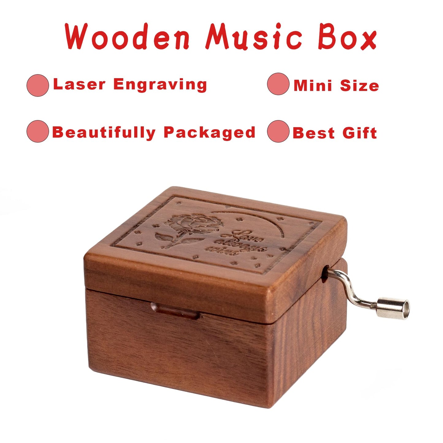 DANVON Hand Crank Solid Wood Music Box,Antique Engraved Musical Boxes Case Christmas Birthday Valentine's Day for Lover, Boyfriend, Girlfriend, Husband, Wife(Walnut Wood-Rose)