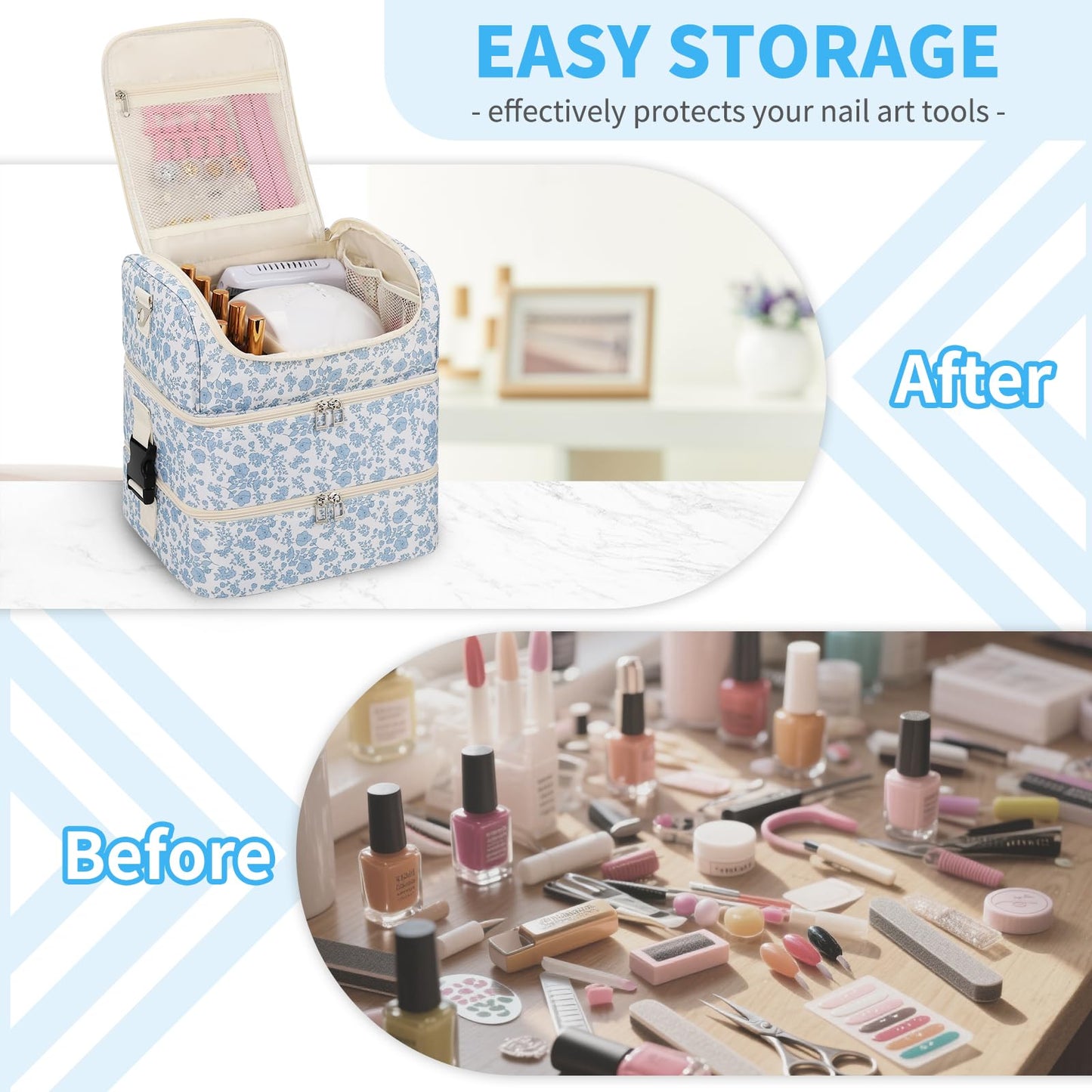 Extra Large Nail Polish Organizer - Three Layer Nail Organizers And Storage Bag, Portable Nail Supplies Organizer Case, Nail Tech Kit Travel Carrying Box with Shoulder Strap (Floral Blue, 86 Slots)