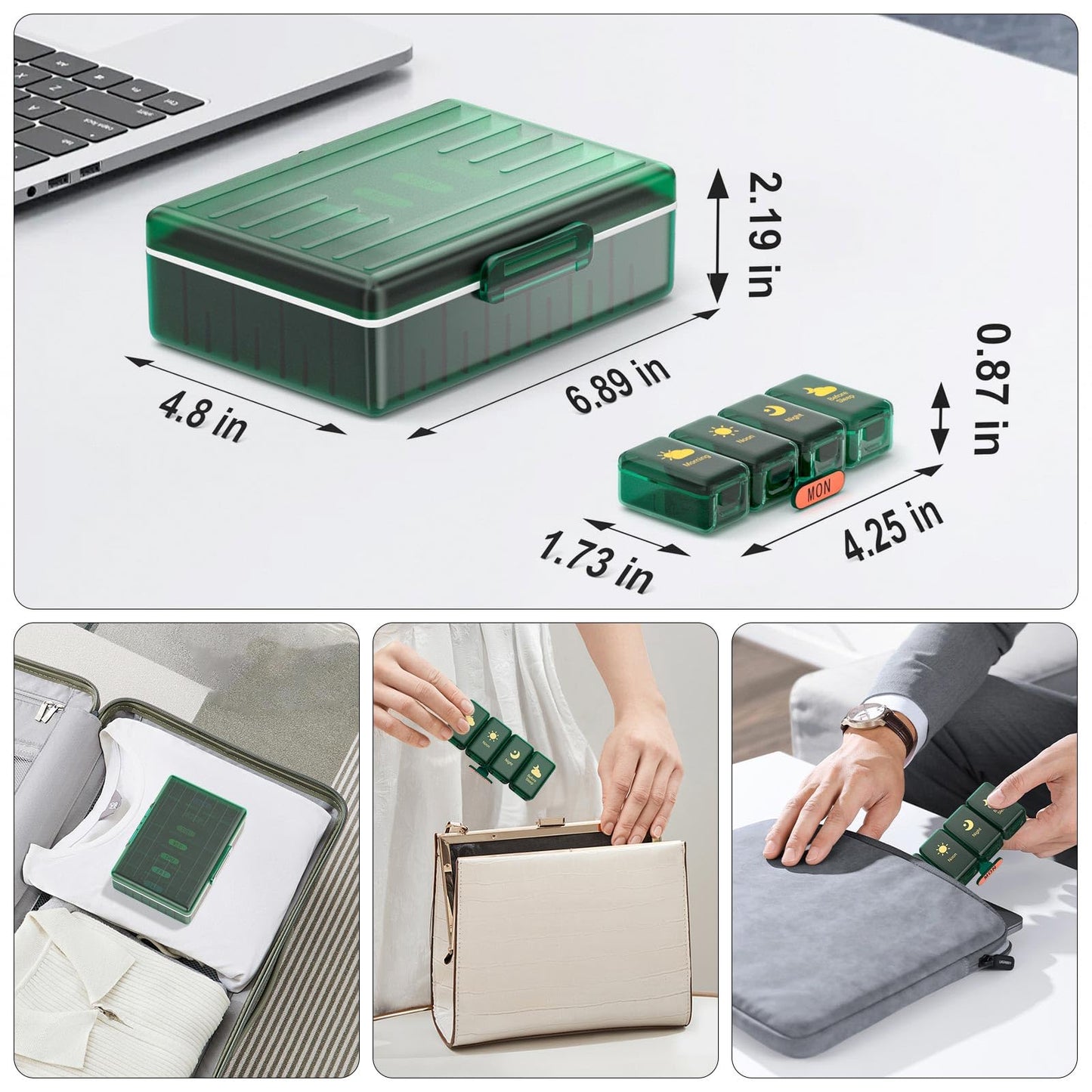 Weekly Pill Organizer 4 Times a Day, Large Compartments Pill Box 4X 7 Day, Medicine Organizer Pill Case for Pills/Vitamins/Fish Oils/Medication/Supplements (4x7 Dark Green)