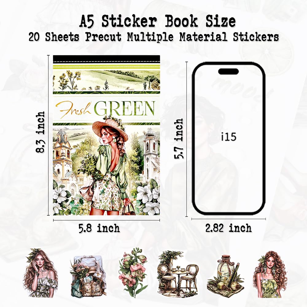 Dwpetzo Fresh Green Scrapbook Sticker Book for Scrapbooking, A5 Size, Assorted PET Washi Paper Materials, 20 Sheets Diecut Journaling Stickers for Adults, Junk Journal Supplies, Collage, Crafts Arts