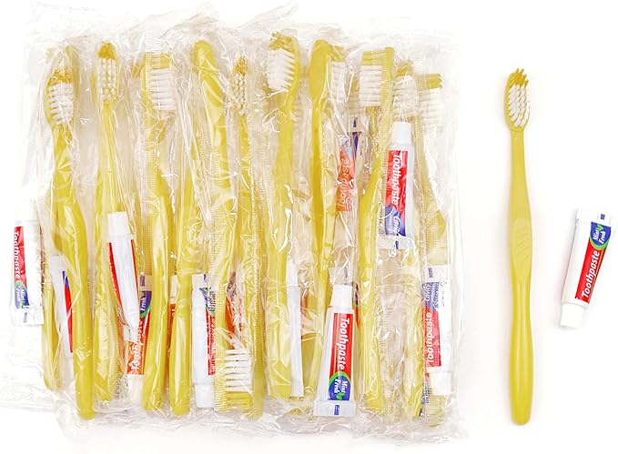 Disposable Toothbrush with Toothpaste Set Pack of 150,Yellow Hollow Individually Wrapped Manual Travel Toothbrush Kit in Bulk Toiletries for Adults,Kids,Hotel,Homeless,Nursing Home,Charity