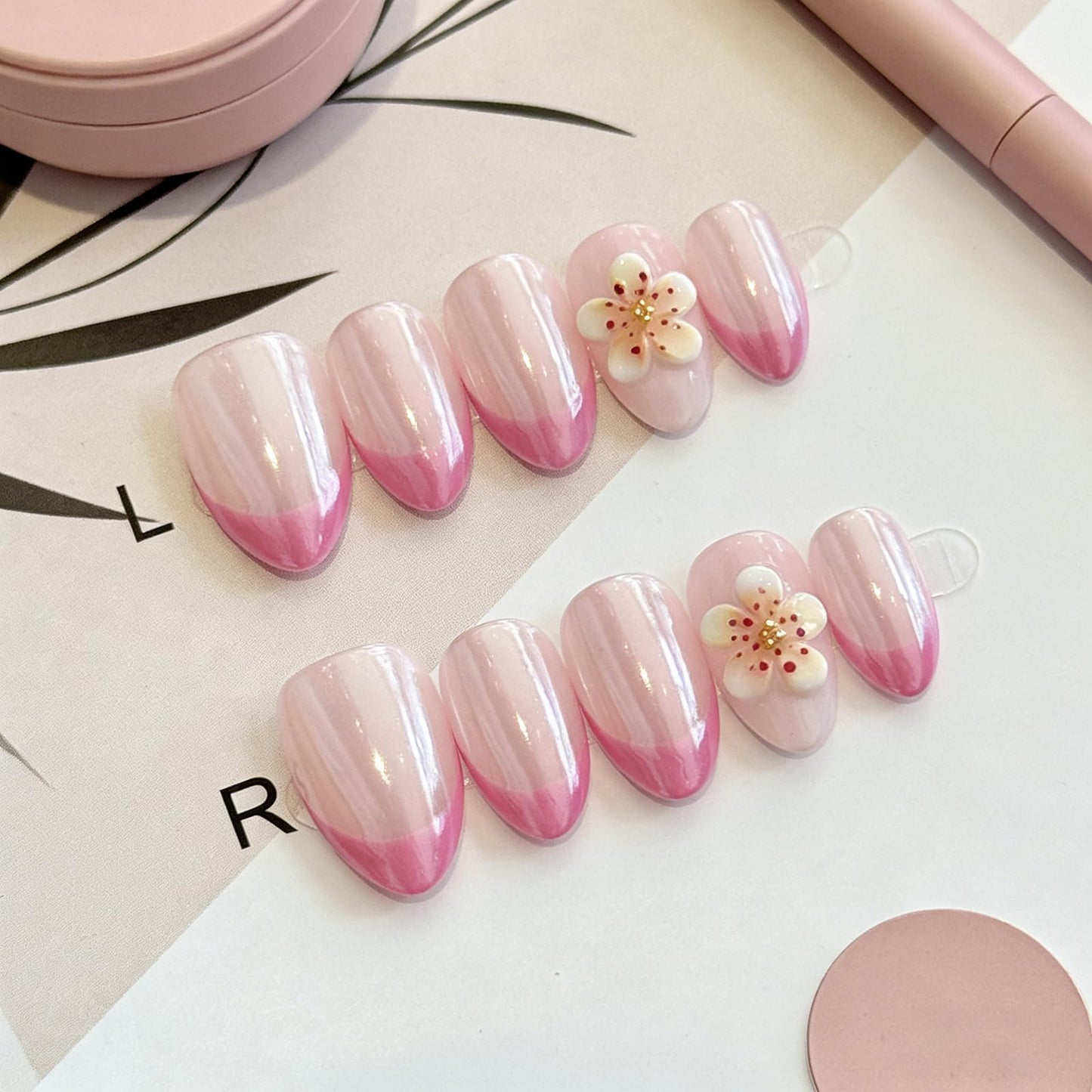 Hand made Press on Nails Medium Pink French Tip Almond Shape Glossy Finish 3D Flower Charms Fake Nails for Women 10 Count M Size