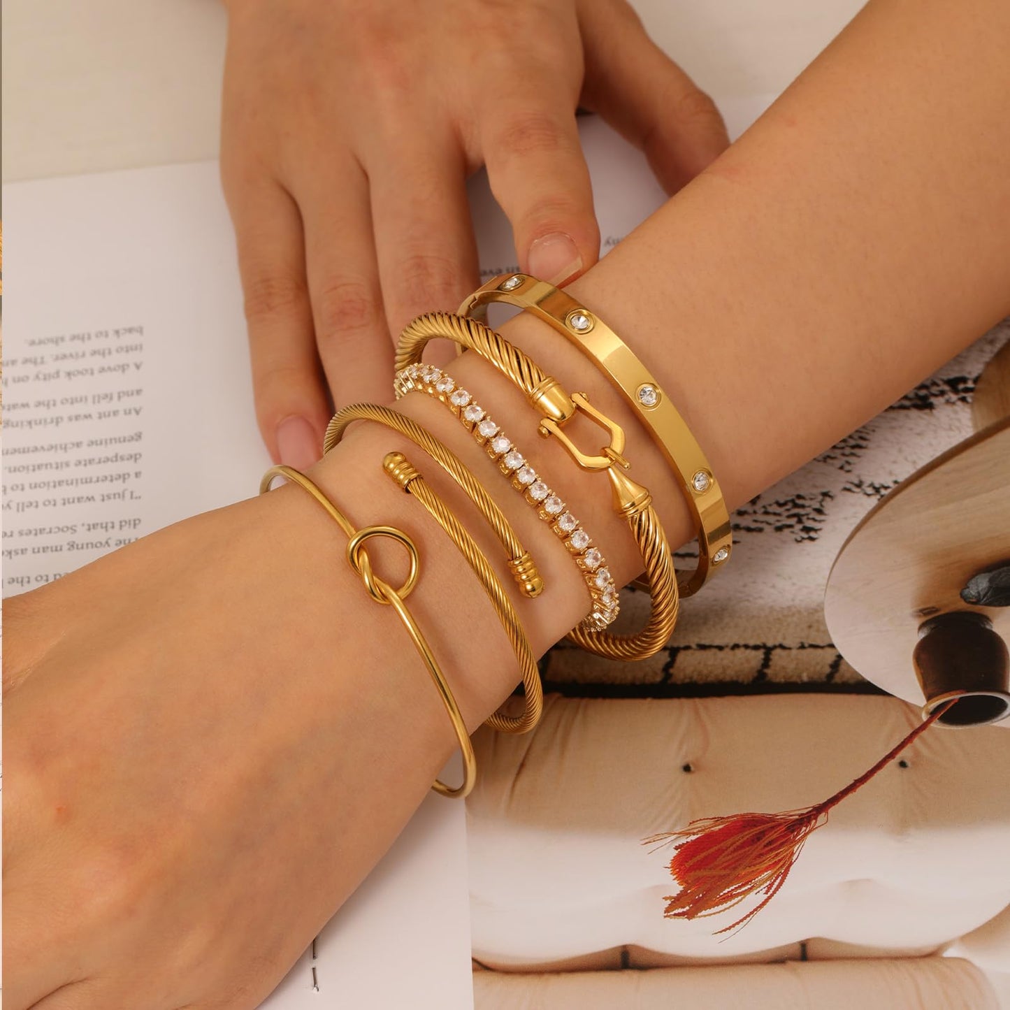 FAFUGA 18 K Gold Plated Love Bangle Bracelet Stack Cuff Jewelry for Women Jewelry Set for Women Gift with Box (style4)