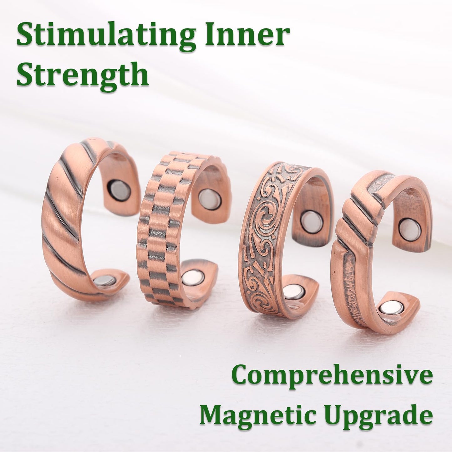Fashtour 4 Copper Rings for Men, 99.9% Pure Copper Magnetic Rings, Vintage Pattern Adjustable Cuff Ring