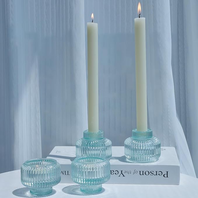Woho Light Blue Candlesick Holders Set of 4 for Taper Candles, Ribbed Glass Candle Stick Holder Decor for Wedding Table Centerpiece, Reversible Taper Candle Holders Vintage for Baby Shower/Home Decor