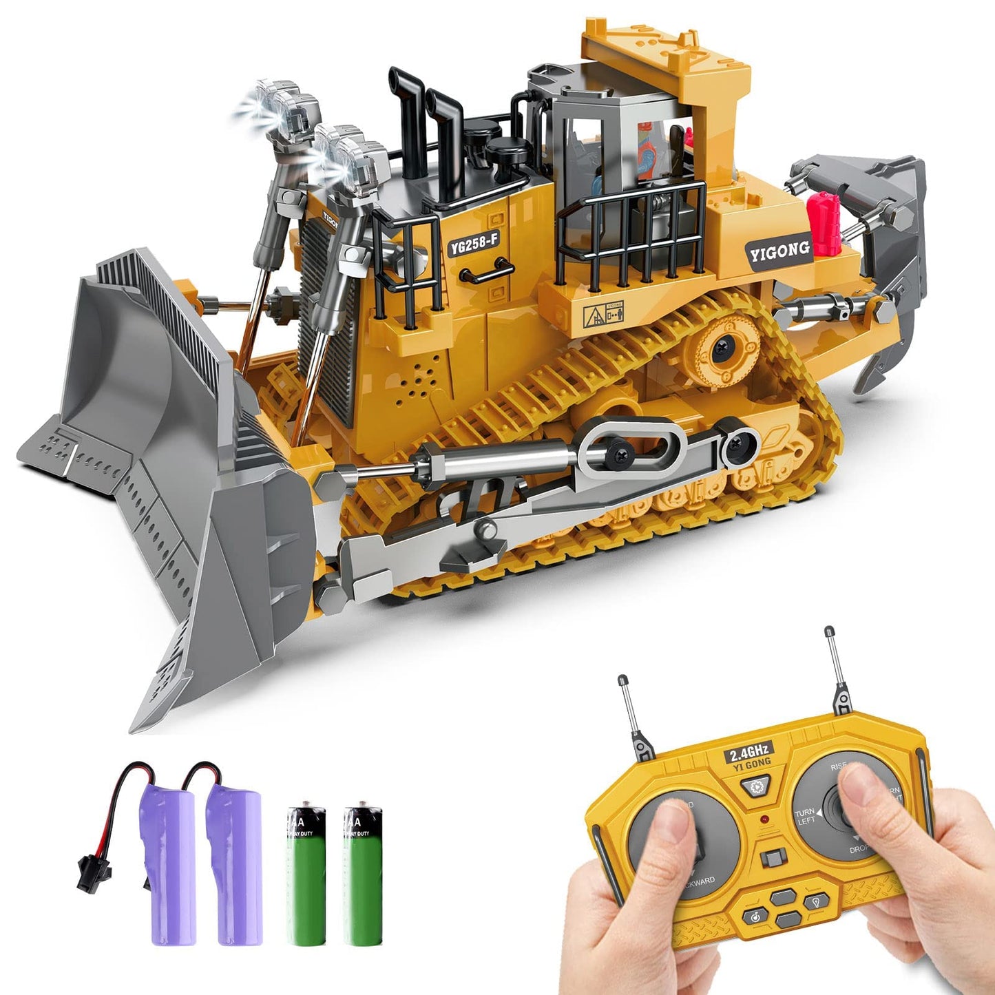 Dwi Dowellin Rc Bulldozer Toys for Boys,Construction Remote Control Bulldozer with Metal bulldozing Shovel Lights/Sounds for Kids Boys