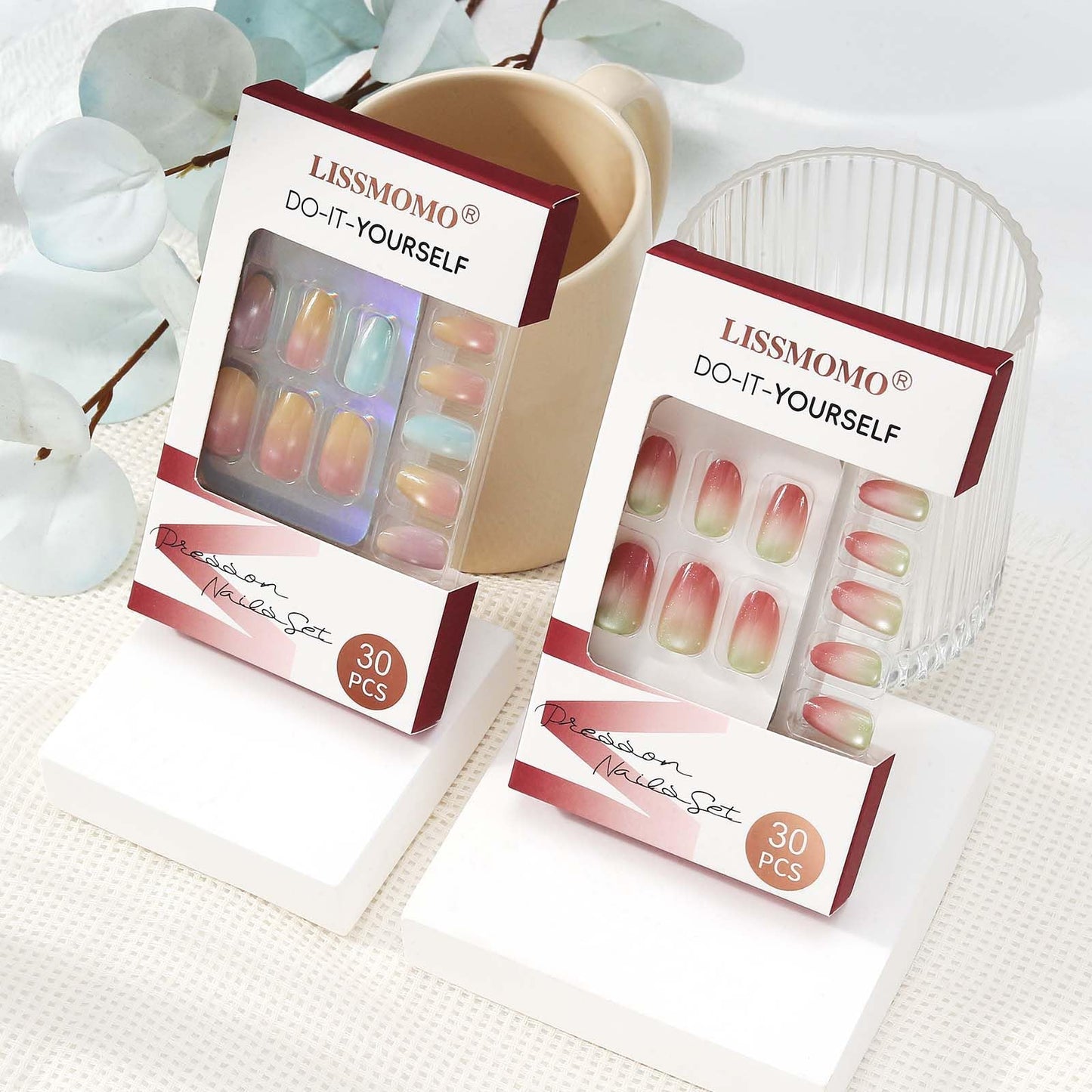 Press on Nails Short Oval Ombre 2 Pack, Macaron Rainbow | Rust Olive Glitter Nail Press ons- 60Pcs Stick on Nails Kit, Reusable False Nails for Women (L1516_2224)