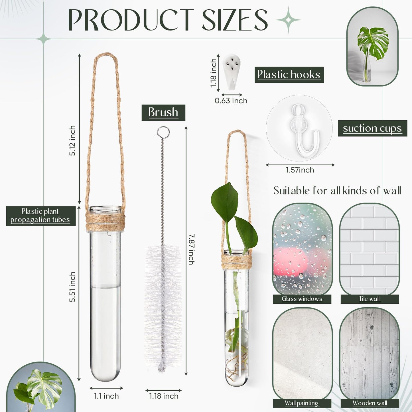 Baderke 9 Pack Clear Window Propagation Stations Plastic Window Planter with Suction Cups & Traceless Nails, Propagated Plant Holders with Bottle Brush, Hanging Vases Terrarium Gift(5")
