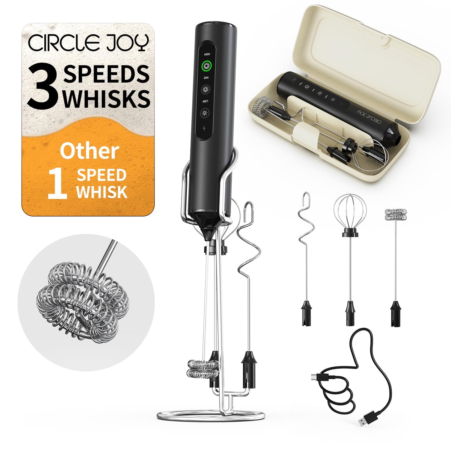 CIRCLE JOY Rechargeable Handheld Milk Frother Wand with Stand, 3 Variable Speeds, 3 Whisks and Storage Box, Electric Drink Mixer for Latte, Cappuccino, Hot Chocolate, Eggs and Protein Powder, Black