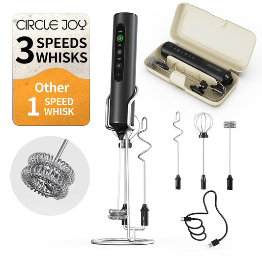 CIRCLE JOY Rechargeable Handheld Milk Frother Wand with Stand, 3 Variable Speeds, 3 Whisks and Storage Box, Electric Drink Mixer for Latte, Cappuccino, Hot Chocolate, Eggs and Protein Powder, Black