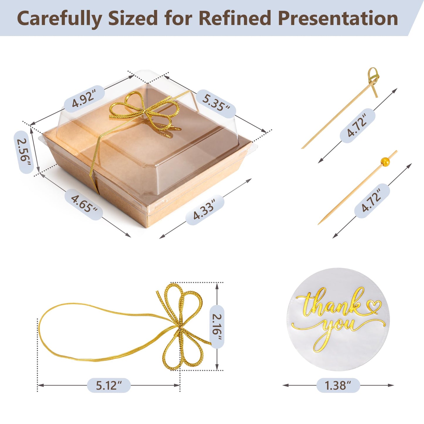Gift-Ready Charcuterie Boxes with Clear Lids, Cake Slice Container, Bakery packaging, Food Gift Containers, Small Treat, 5"Dessert Boxes with Ready to use Ribbon and Bamboo Skewers-50 Count-BROWN