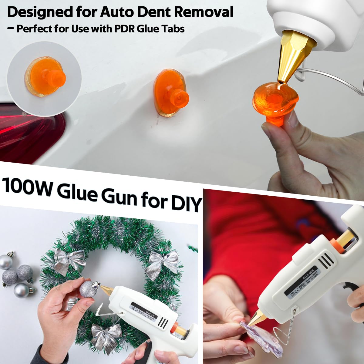 100W Hot Glue Gun for Paintless Dent Repair, White High-Temp Glue Gun with 10 Glue Sticks (Yellow & Black), Fast Heating, Anti-Drip Nozzle, Auto Body Dent Puller Tool