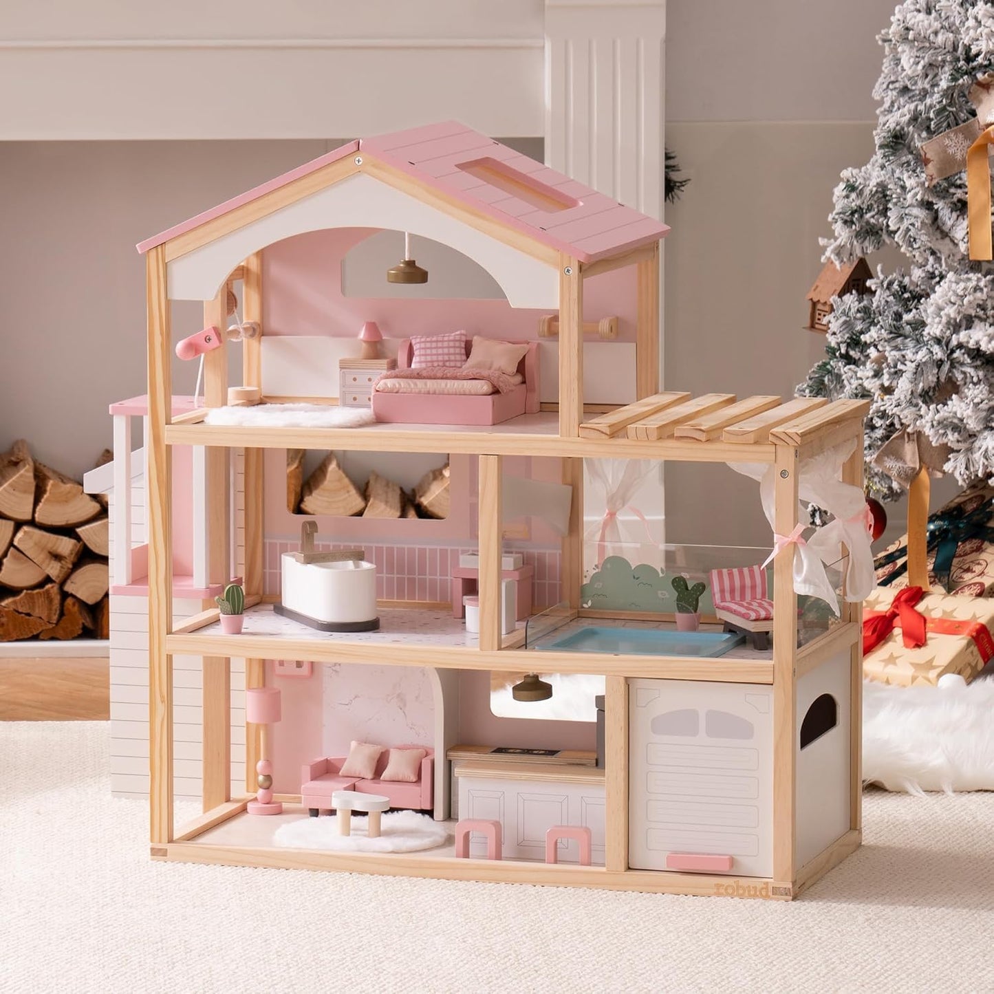 ROBUD Doll House, Wooden Dollhouse with 6 Rooms, 29-pcs Furniture Set, Working Elevator, Garage, Swimming Pool, Ideal Gift for Kids Ages 3+ (Pink)