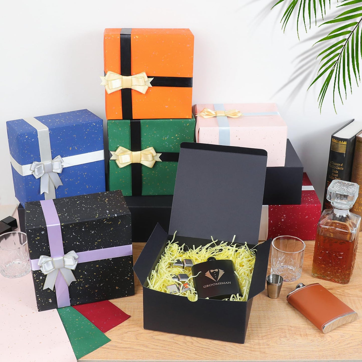 YUEFANBOX Black Gift Boxes with Lids, 8x8x4 inches, 10 Pack – Easy Assemble Bulk Boxes with Bottom Stickers for Groomsmen Proposals, Wedding Favors, Birthdays & Christmas