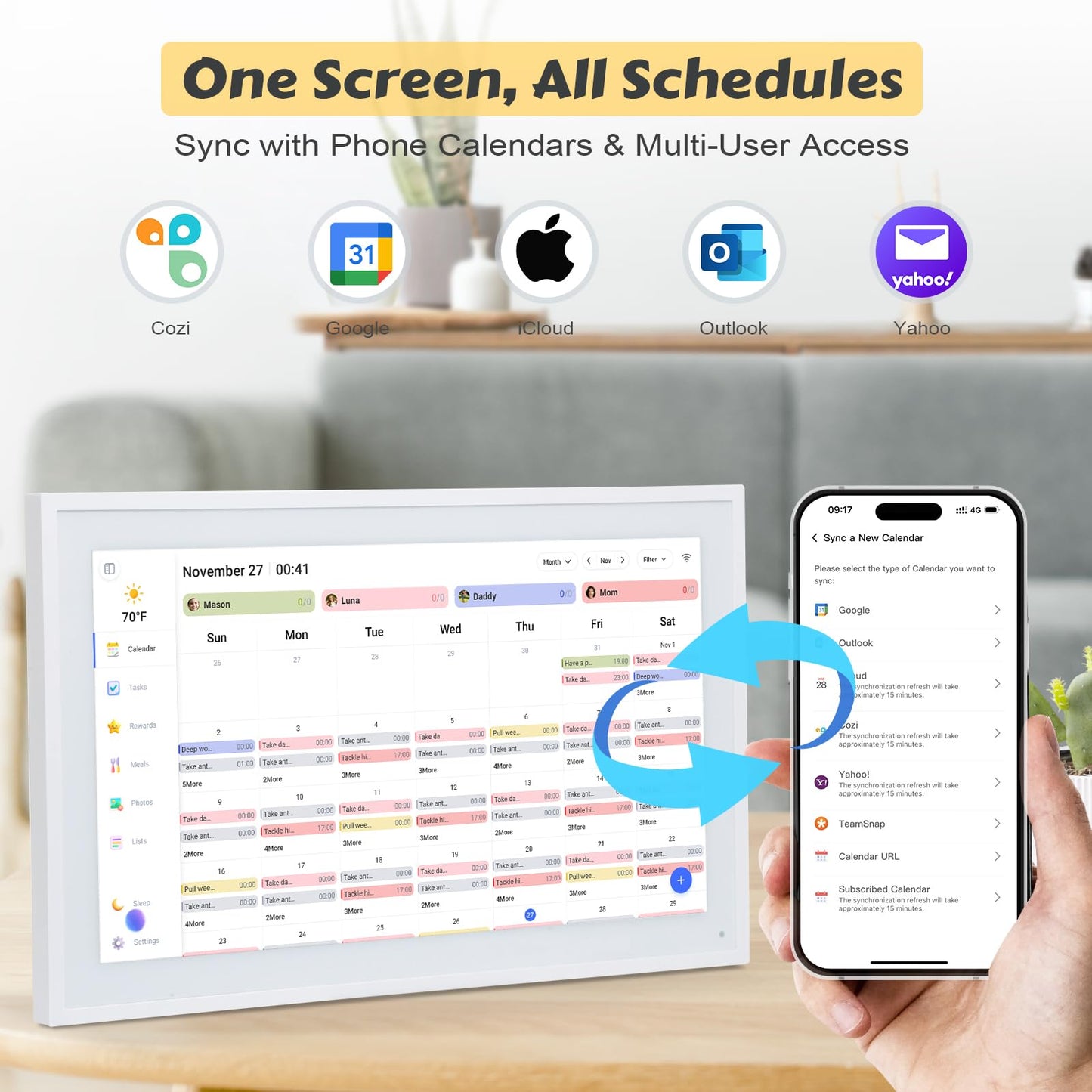 COMIX 15.6" Smart Digital Wall Calendar - WiFi Family Organizer with Sync Google/Outlook/Apple Calendar, Touchscreen Meal Planner & Chore Chart, Digital Photo Frame for Home & Office