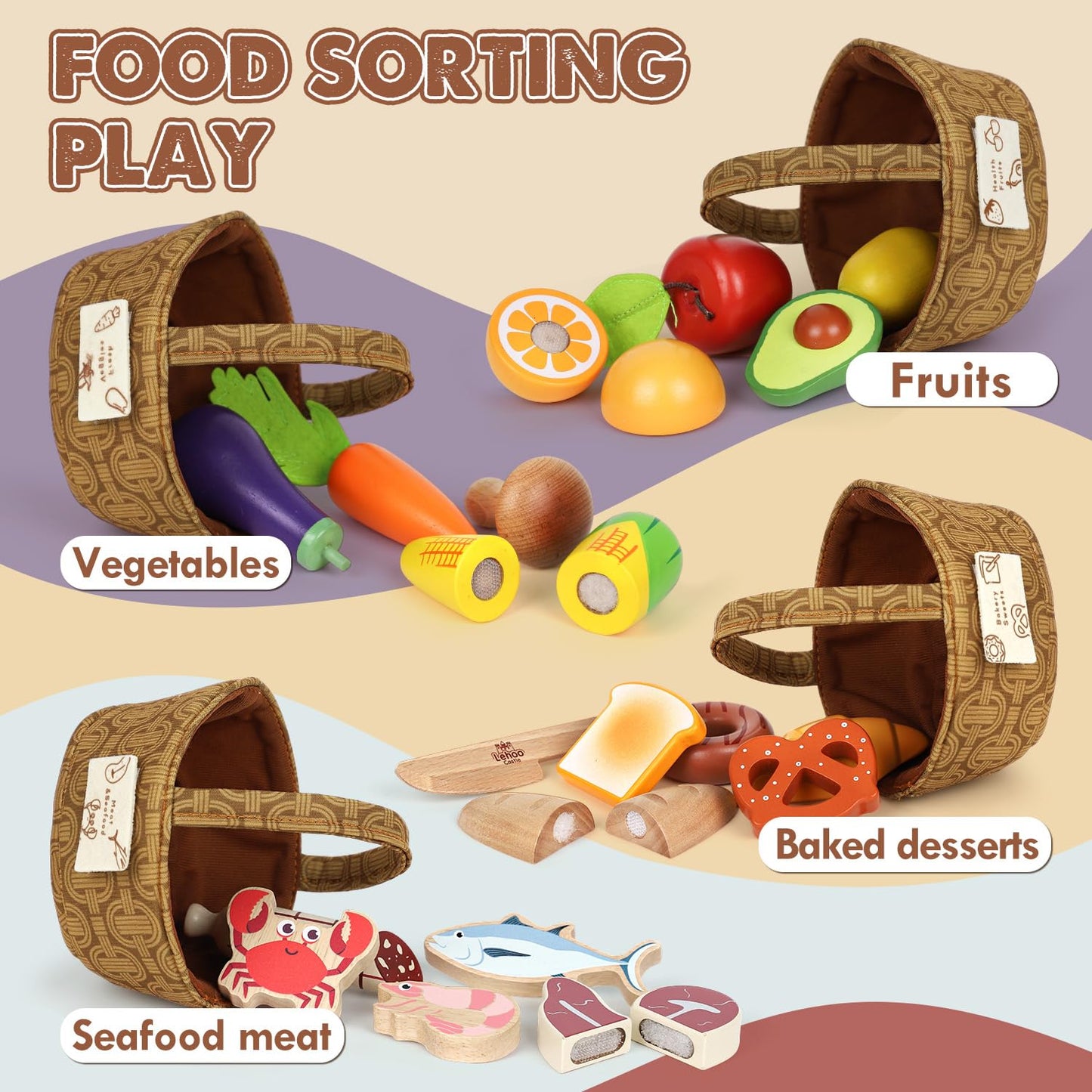 Lehoo Castle Wooden Play Food Set, Toy Food for Toddlers 1-3, Pretend Play Kitchen Accessories, Cutting Food Toys, Montessori Sorting Toys for Kids 3-5 Girls Boys