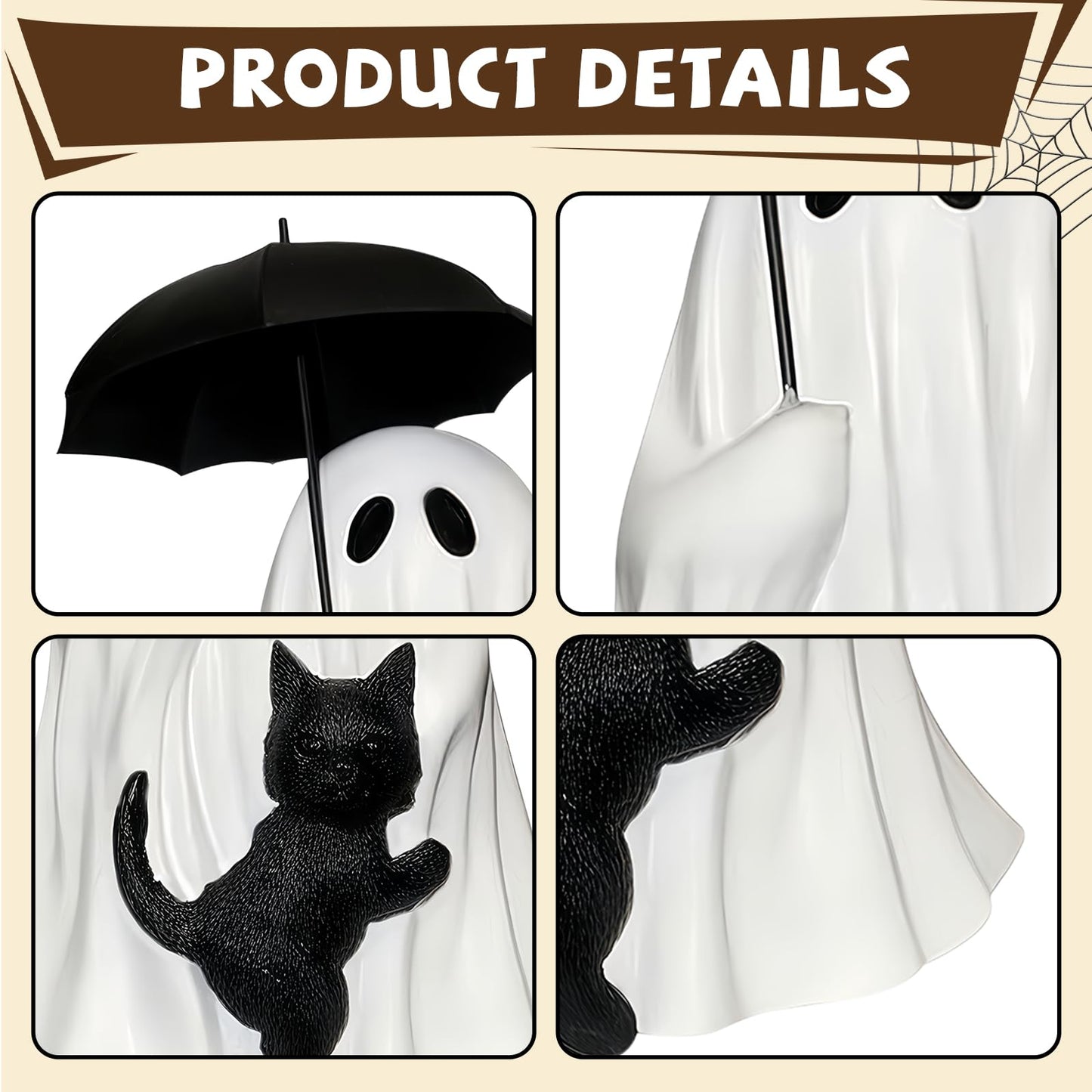 YYPLIAN Ghost Holding Black Cat Statue Halloween Ghost Figurines, Ghost Cat with Umbrella Figure for Home Tabletop Funny Decoration (Ghost Holding Umbrella)