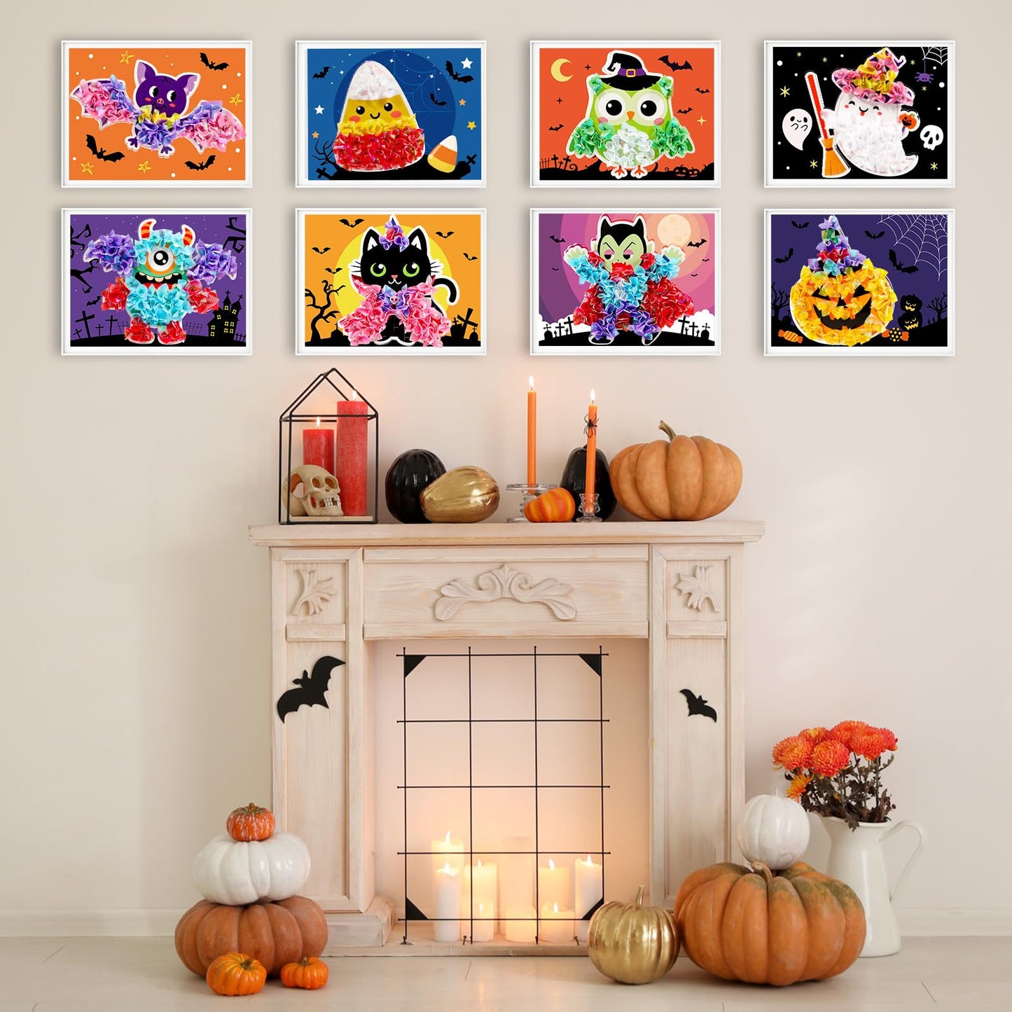 Lonfliness 8PCS Poke Craft Kit Halloween No-Mess Fabric Sewing Art Puzzle Puncture Painting Bat Pumpkin Ghost Halloween Creative Activity Game Birthday Party Favors
