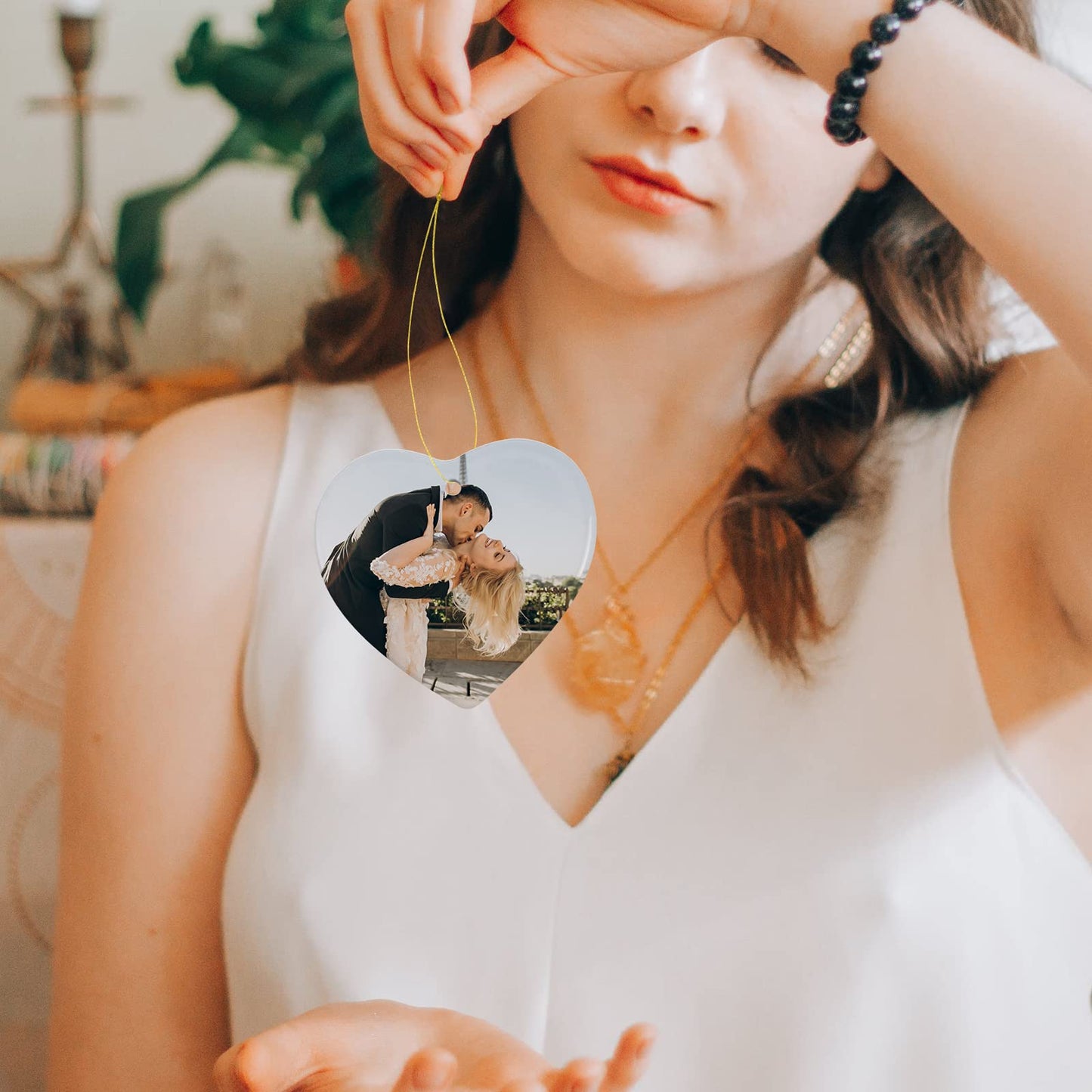MAIKESUB 10 PCS Sublimation Blank Ceramic Ornament Heart Shaped Ornament 2.9 Inch White Heart Shapet with red String for Crafting Christmas Tree Decor for DIY Personalized Home Decor Bulk