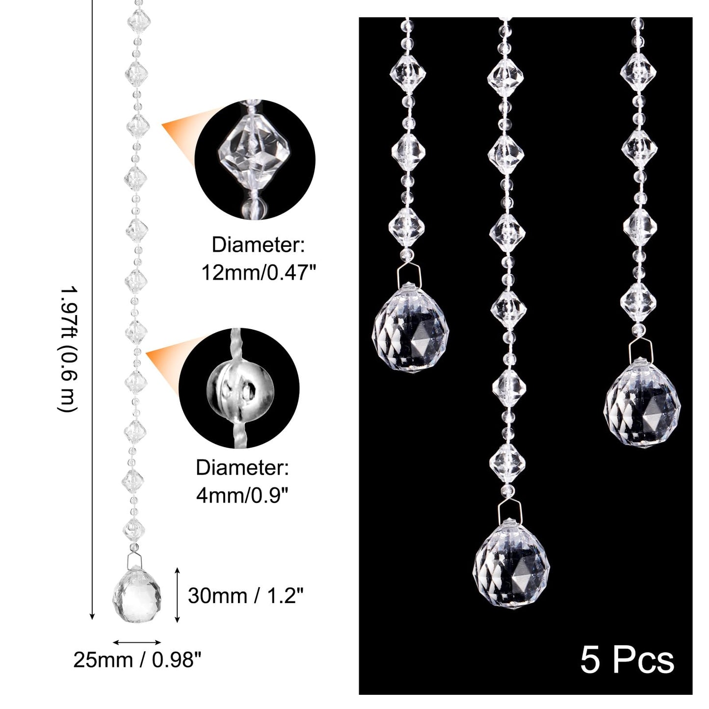 uxcell 5 Pcs Acrylic Crystal Garland Strands, Clear Crystal Beads Strands Chandelier Crystals Replacement Bead String Hanging for Wedding Decor, DIY Craft Jewelry (0.6m/1.97ft)