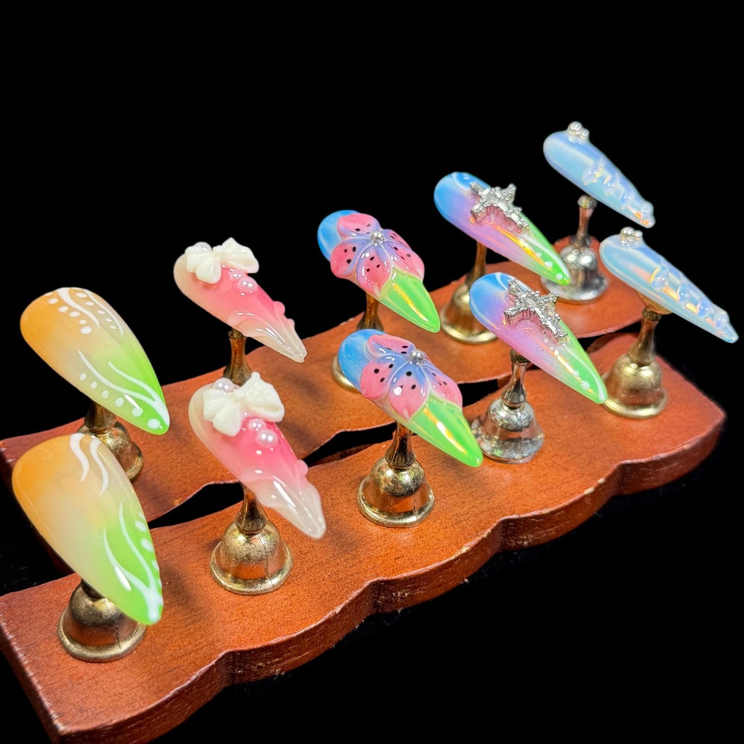Handmade Press On Nails, 3D Flower Bow Cross Design, Long Stiletto Shape, Pastel Gradient Acrylic Fake Nails Gift set for Women Rainbow (M)