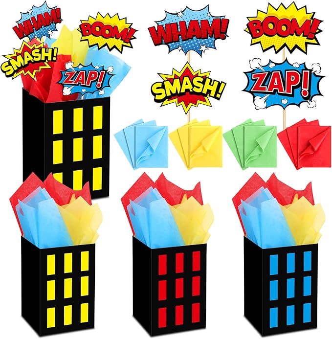 4 Sets Hero Theme Party Decoration Hero Boxes Centerpiece (7.9 x 5.1 x 5.1 Inch) Sticks with Tissue Paper Standing Cards Birthday Baby Shower Party Supplies (Red,Yellow,Blue)