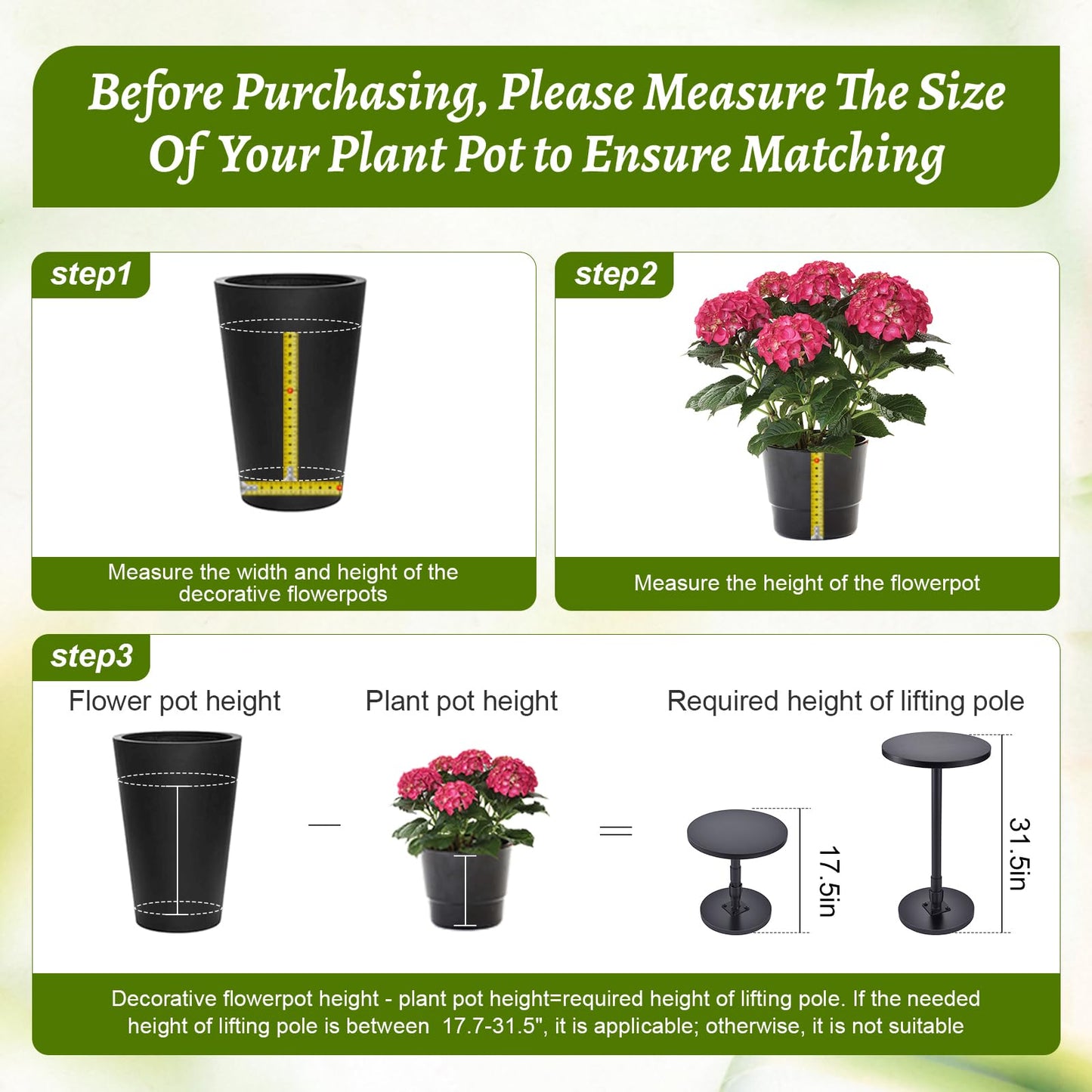 Decivems Adjustable Plant Riser (17.7-31.5") Universal Pot Stand with 3 Bases (6/8/10") for Indoor/Outdoor Square & Round Pots