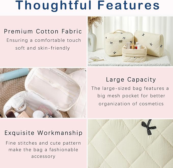 3Pcs Aesthetic Cotton Quilted Drawstring Makeup Bag Set, Aesthetic Cute Bow Makeup Pouch for Girls and Women, Aesthetic Travel Organized Cosmetic Bags for Purse(04Beige Bow)