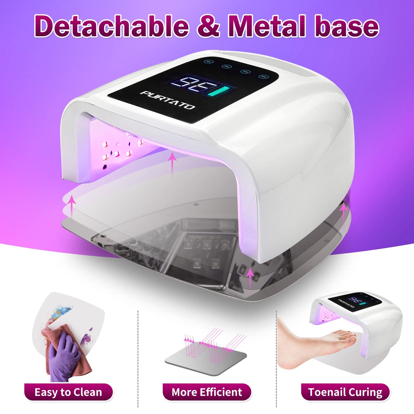 PURTATO Professional Rechargeable 96W UV LED Portable Cordless UV Light for Nail Lamp Machine with Removable Stainless Steel Bottom,4 Timer Setting and Smart Sensor Nail Dryer (White)