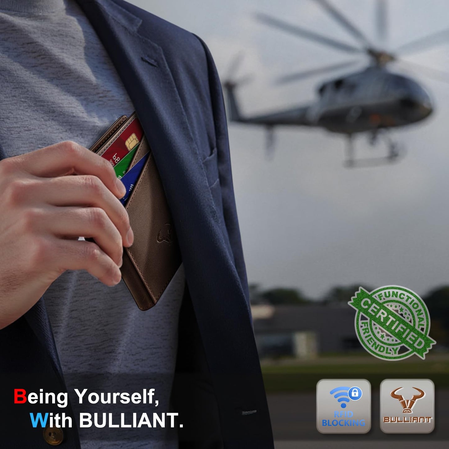 BULLIANT Men Wallet,Top Grain Leather Slim Wallet Magnetic Closure Simplifed Bill Folder RFID Blocking 11Cards