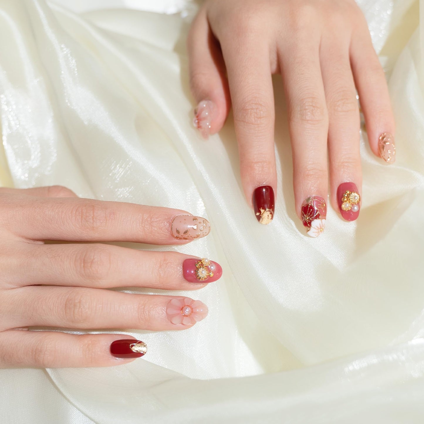 Sun&Beam Nails Handmade Press-on Short Oval Red Pink Gold 3D Flower Japanese Design Fashion False Nail Tips 10 Pcs Set (#210 M)