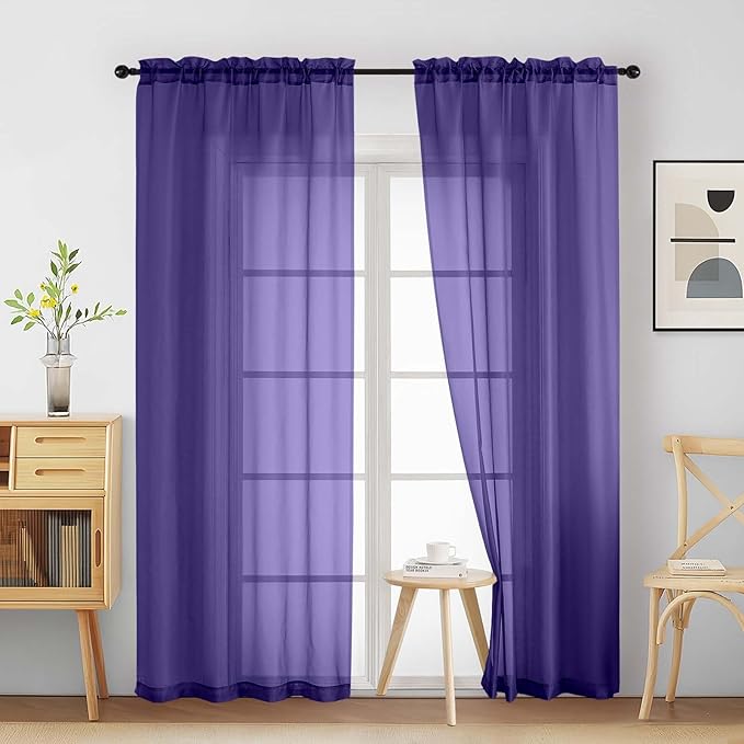 Purple Sheer Curtains 90 Inches Long 2 Panels, Light Filtering Solid Sheer Curtains for Bedroom Living Room, Lightweight Soft Airy Window Voile Sheer Drapes, Dual Rod Pocket, 2x42Wx90L Inches