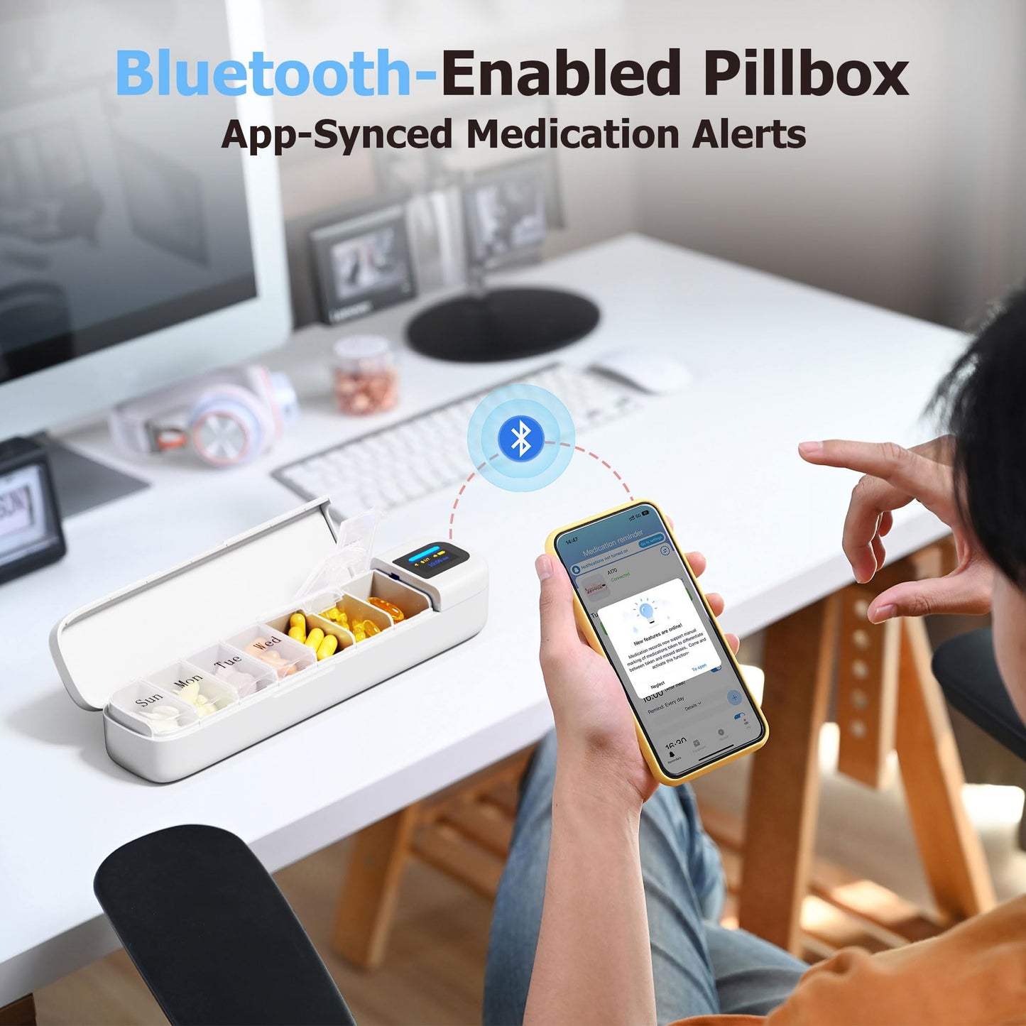 Daviky Smart Pill Organizer with Alarm, Bluetooth Daily Once a Day Pill Dispenser 7 Day with APP, Weekly Travel Pill Case, Portable Pill Reminder for Medicines, Supplements and Vitamins (White)