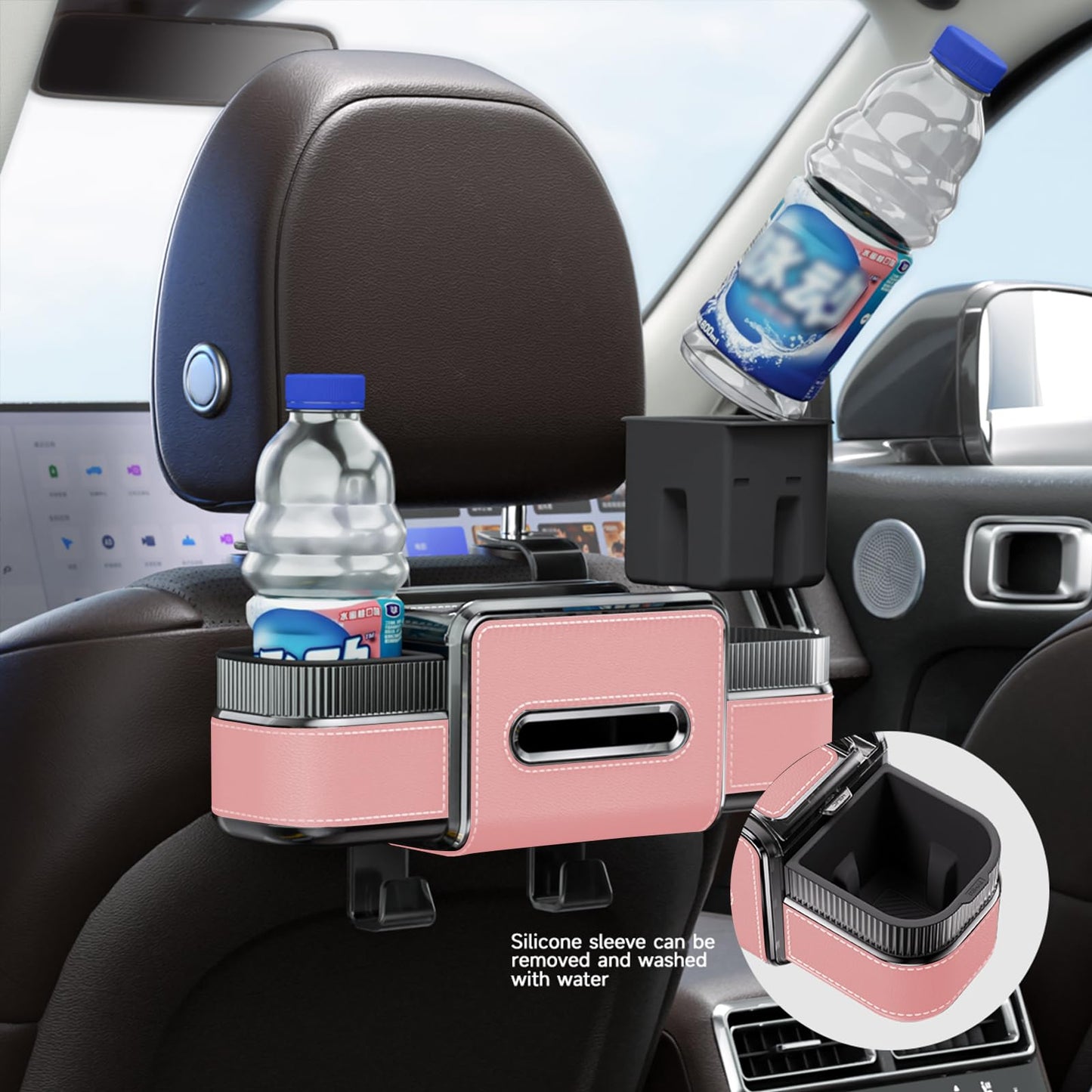 Multifunctional Car Seat Back Organizer Box with Drink Cup Holder, Makeup Mirror, Tissue Box& Hooks for Car Seat Back, New Upgrade Car Headrest Backseat Organizer Suitability for Wife, Girlfriend