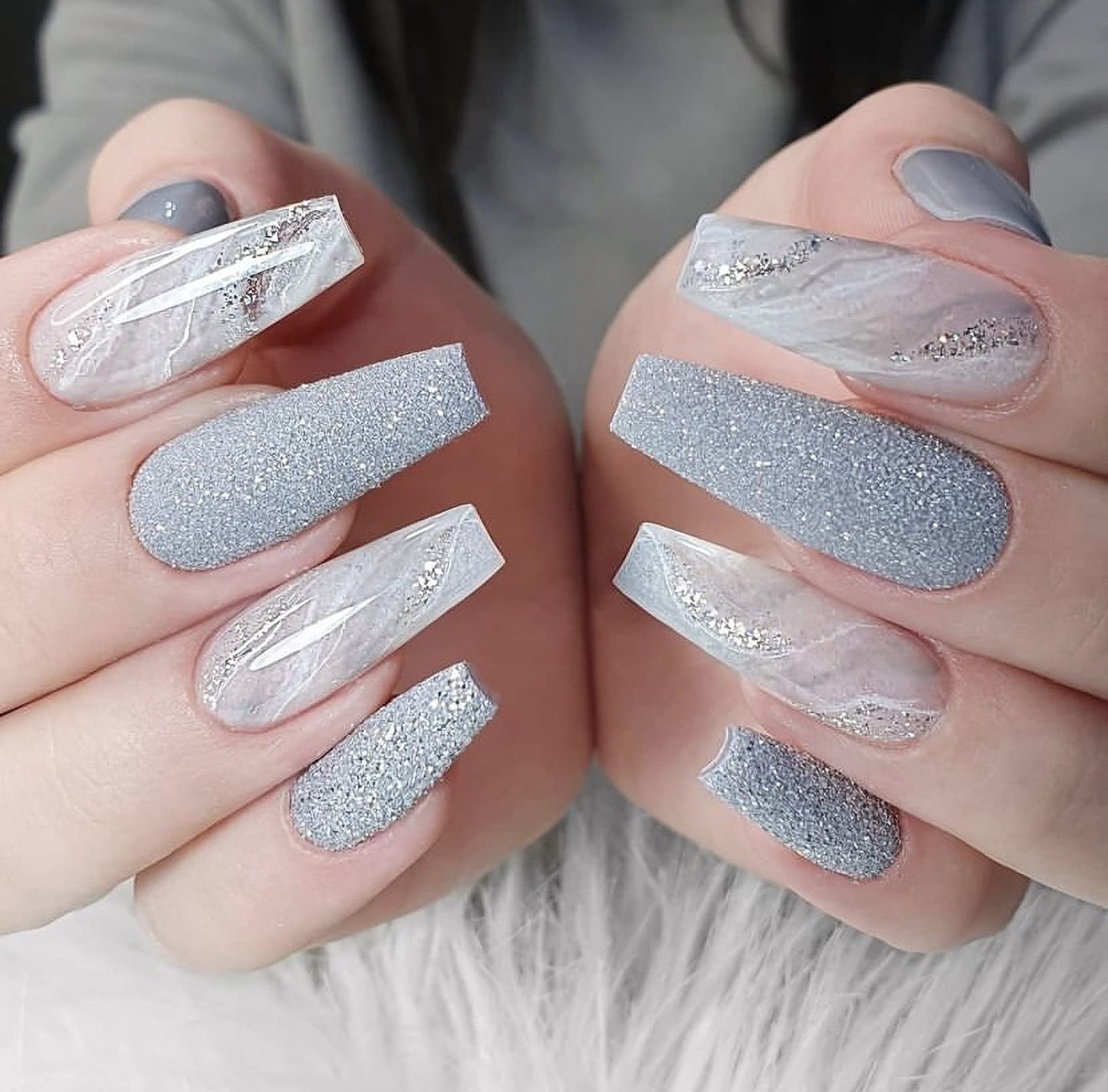 MISUD Press on Nails - Long Coffin Glue on Nails with Gray Ombre, Acrylic Bling Glitter Design 24 pcs