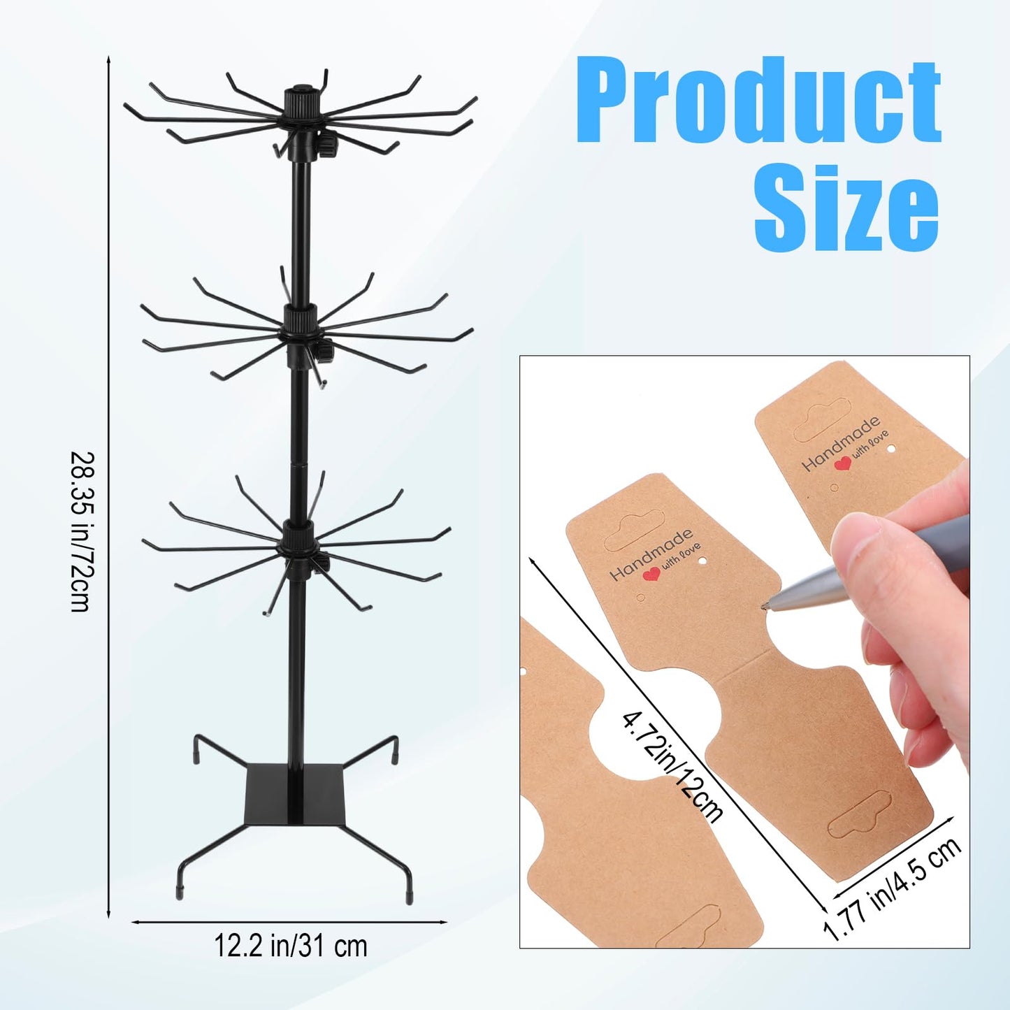 COMNICO Rotating Jewelry Display Stand with 200 Pcs Bracelet Display Cards, 3 Tier Metal Adjustable Jewelry Displays Rack with Hooks for Necklace Earrings Key Rings Hats Socks