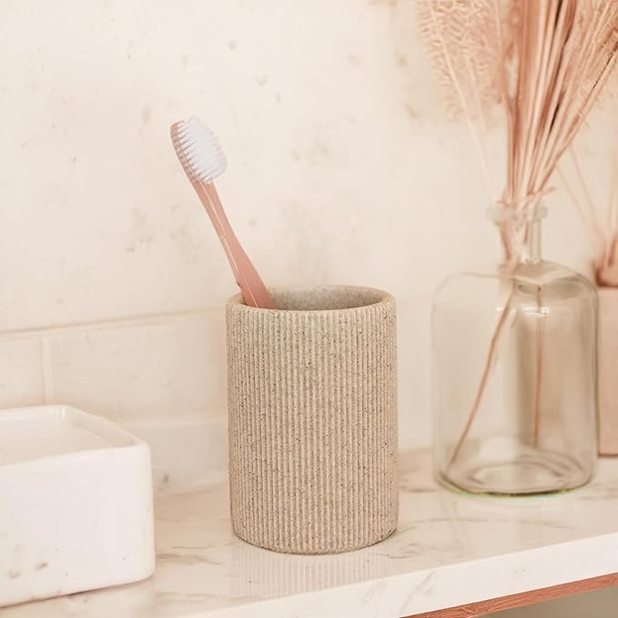 Small Sand Beige Toothbrush Holder for Bathroom Countertop, Modern Boho Farmhouse Style, Multi-Purpose Organizer, Rust-Proof Unbreakable Resin Cup