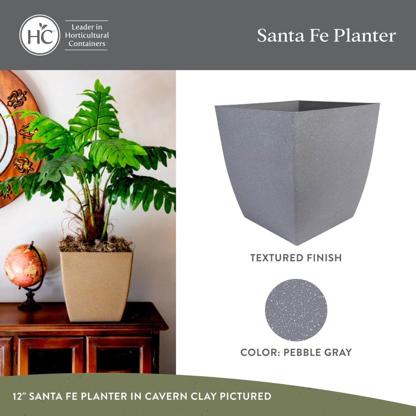 The HC Companies Santa Fe Square Self-Watering Pot - Lightweight Plastic Planter for Herbs & More - Durable Plant Pots for Indoor Plants & Outdoor Plants (12" Pebble Gray, Pack 1)