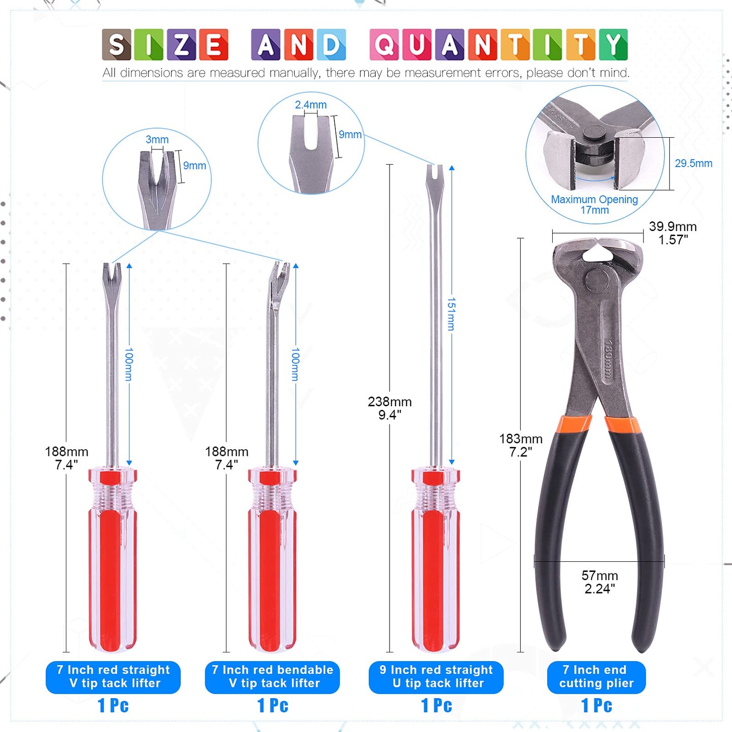 Glarks 4Pcs Nail Pullers Nail Remover Tool Set, Include 7'' End Cutting Plier, 4'' Bendable U Tip and V Tip Tack Puller, 6'' U Tip Tack Lifter for Cutting nails, Remove Nails, Nail Pulling