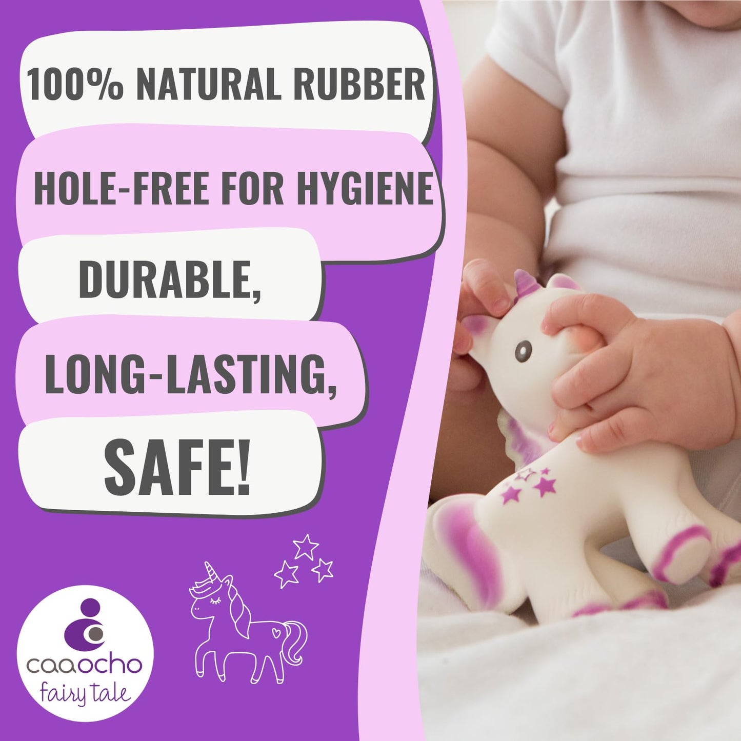 CaaOcho Pure Natural Rubber Teething Baby Toy - Mira The Unicorn Teether for Babies, BPA Free Baby Toy, All Natural Teething Toys for Babies 0-6, Safe and Fun Molar Teether Toy