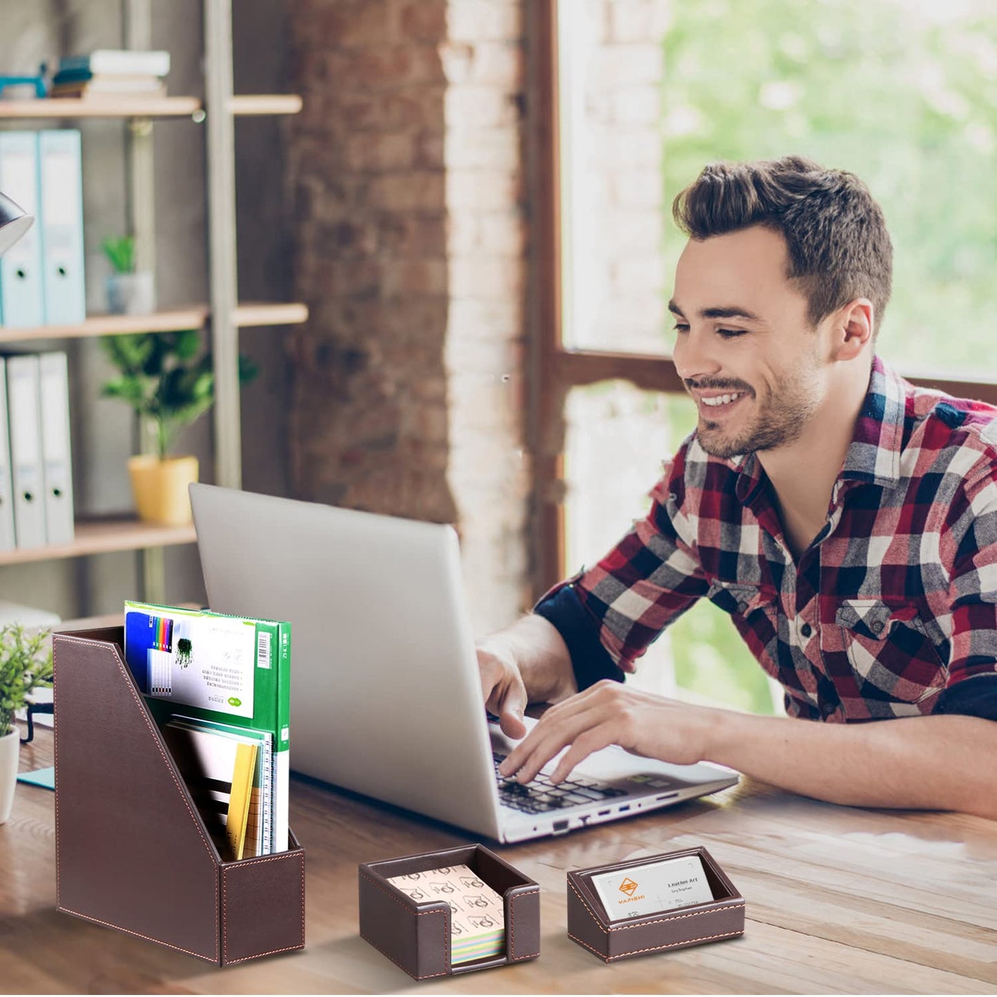 Desk Accessories and Workspace Organizers, 6 PCS Office Supplies Organization Set- Pencil Cup, Business Card Holder, Sticky Note Dispenser, Mail Sorter, Letter Tray, Files Holder, Desktop Caddy