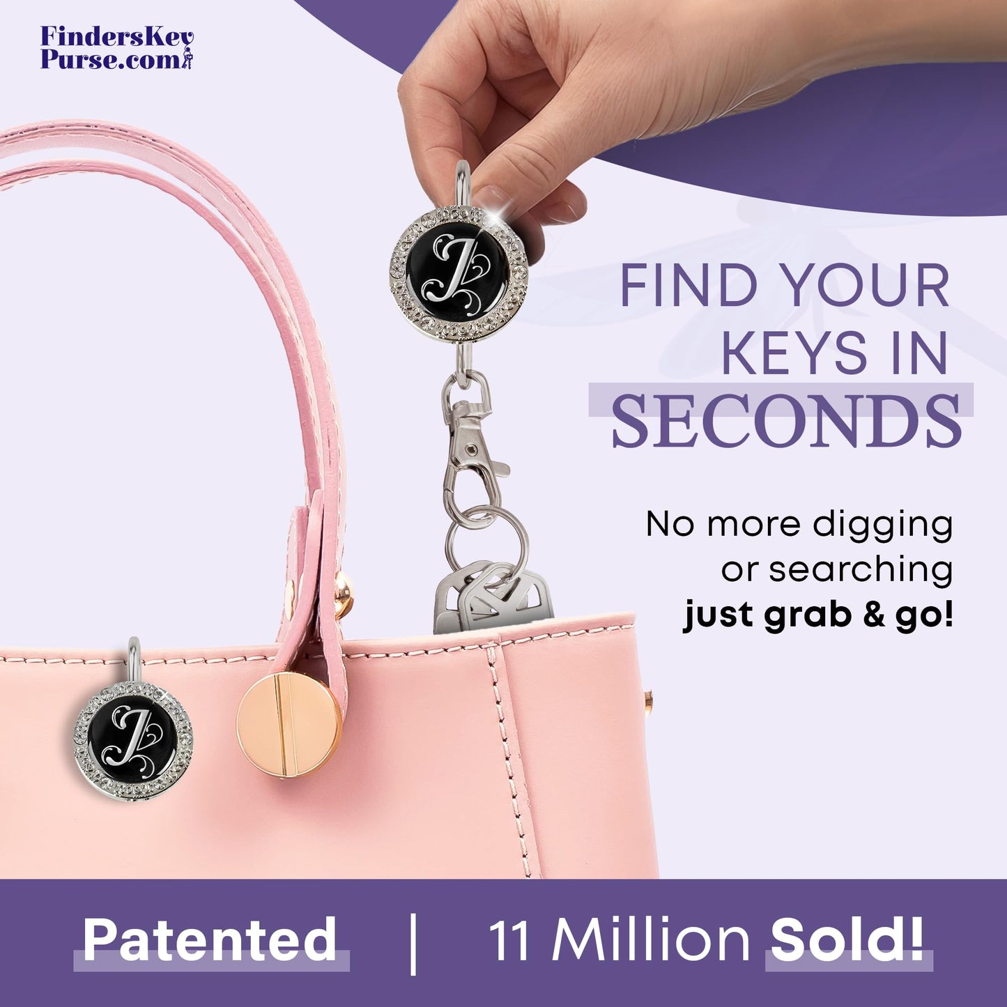 Women’s Bag Charm Key Finder, Car Keychain Hook, Cute Purse Organizer & Tote Bag Accessories, Gifts for Mom - Monogram J