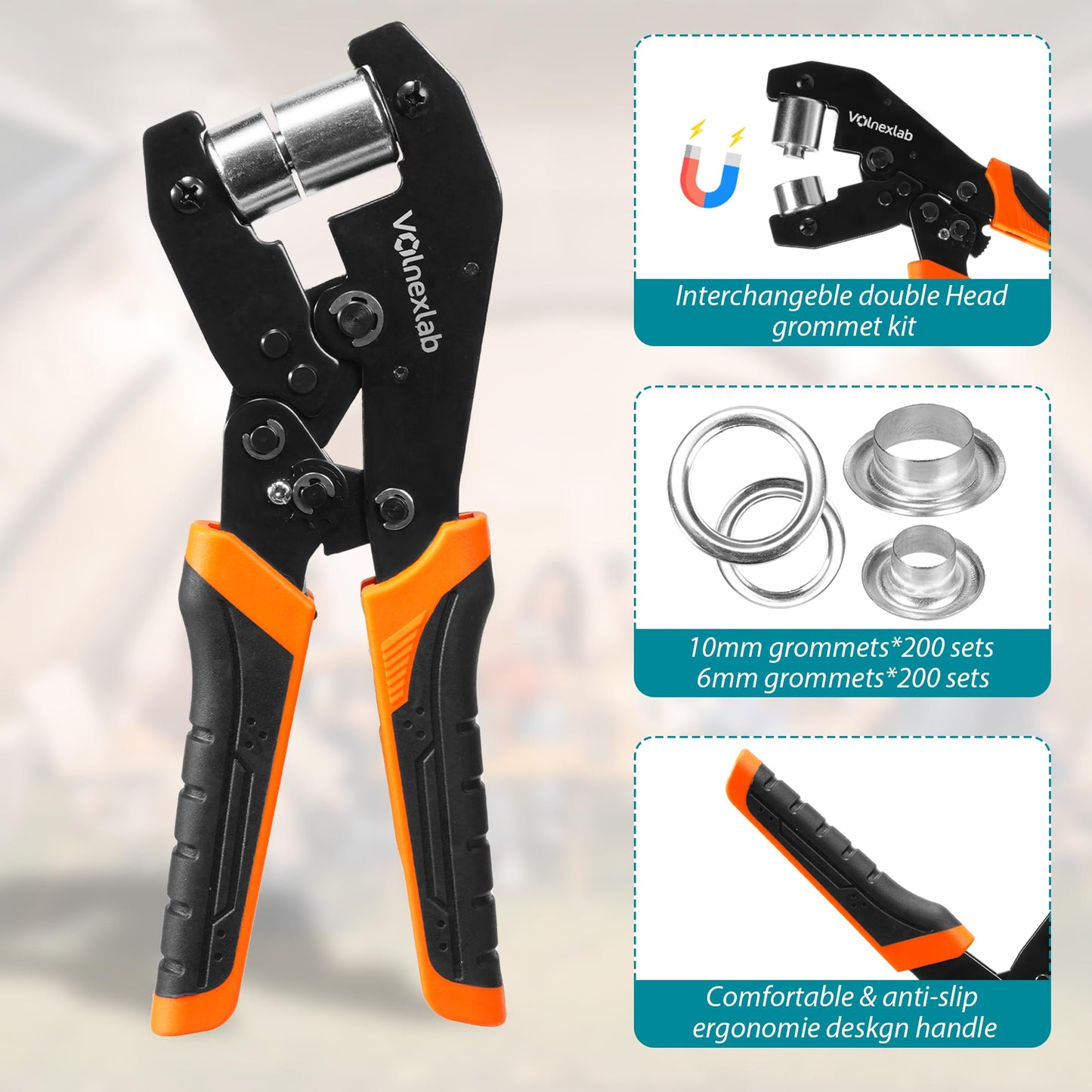 VOLNEXLAB Grommet Tool Kit, 1/4" and 3/8" Eyelet Pliers Set with 400 Silver Metal Grommets, Handheld Grommet Setter Kit for Canvas, Banner, Tarps, Tents, Vinyl, Leather and DIY Crafts