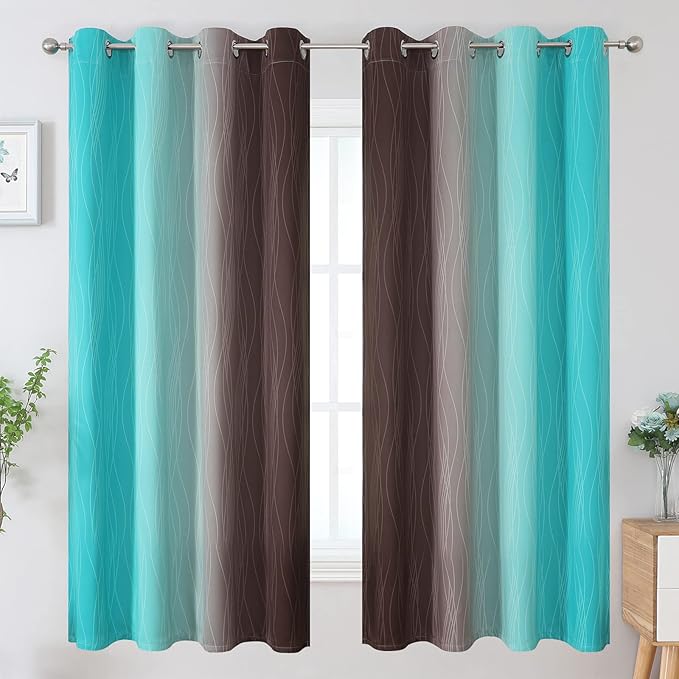 Estelar Textiler Brown and Teal Ombre Blackout Curtains 63 Inches Long for Kids Room, Thermal Insulated Gradient Full Light Blocking Grommet Blackout Drapes for Bedroom, 52Wx63L, 2 Panels