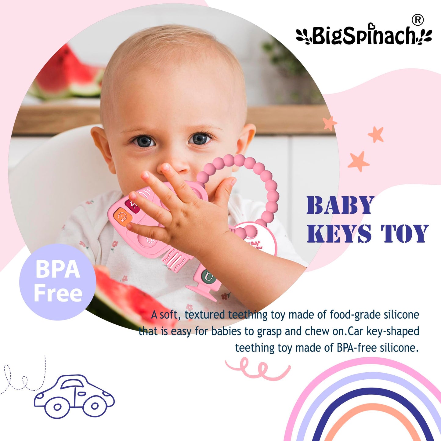 BIGSPINACH Baby Goth Teething Keys Toy 6-12M Pink Car Key Teether Combo Set