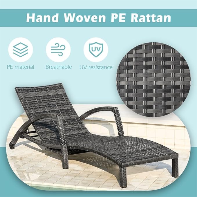 Chaise Lounge Chairs Outdoor Set of 2, Comfy Outside Wicker Patio Pool Lounge Chair w/ 5 Adjustable Back Angle, Cup Holder, Thicken Cushion